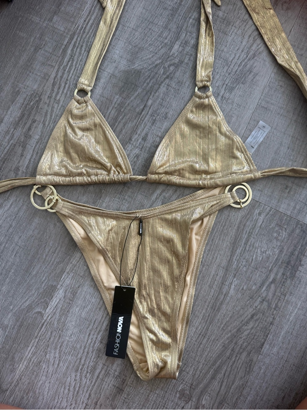 Fashion Nova Metallic Gold Ring-Accent Triangle Bikini